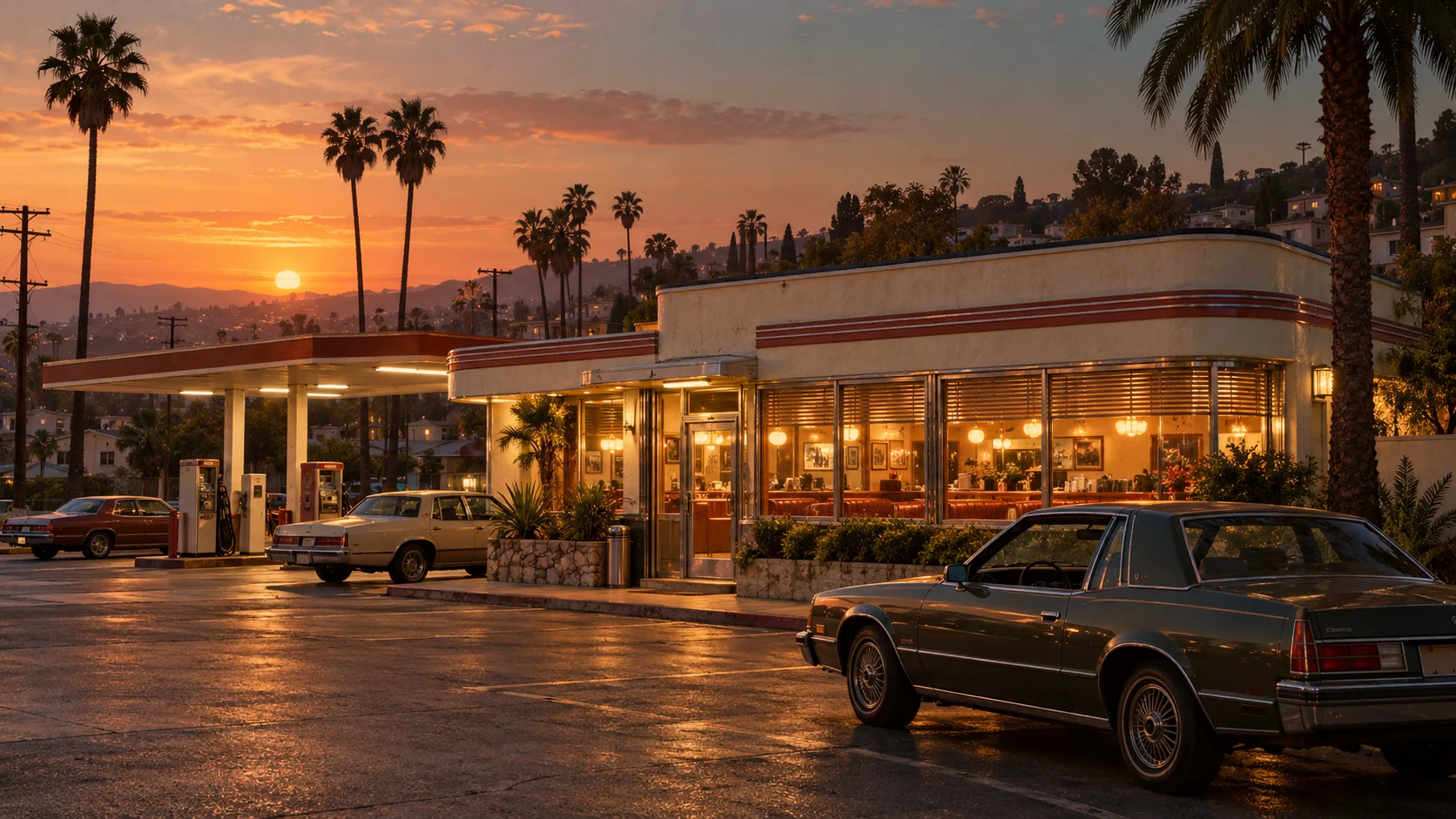 Atmosphärisches Motiv: ein warm beleuchtetes Diner mit klassischen Autos in der Abenddämmerung.