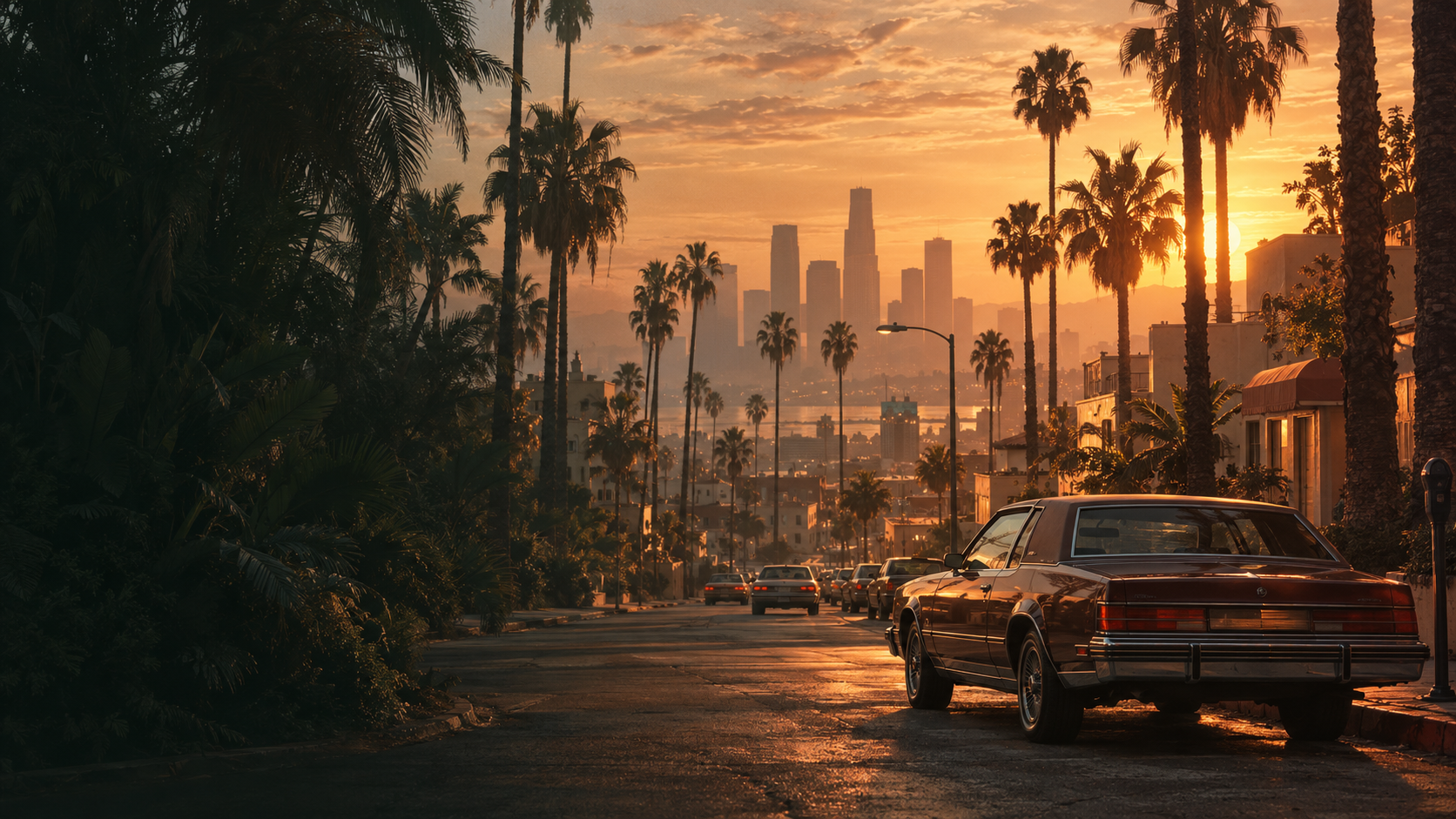 Atmosphärisches Motiv: ein klassisches Auto und Palmen auf einem Boulevard im Los Santos der Achtziger.